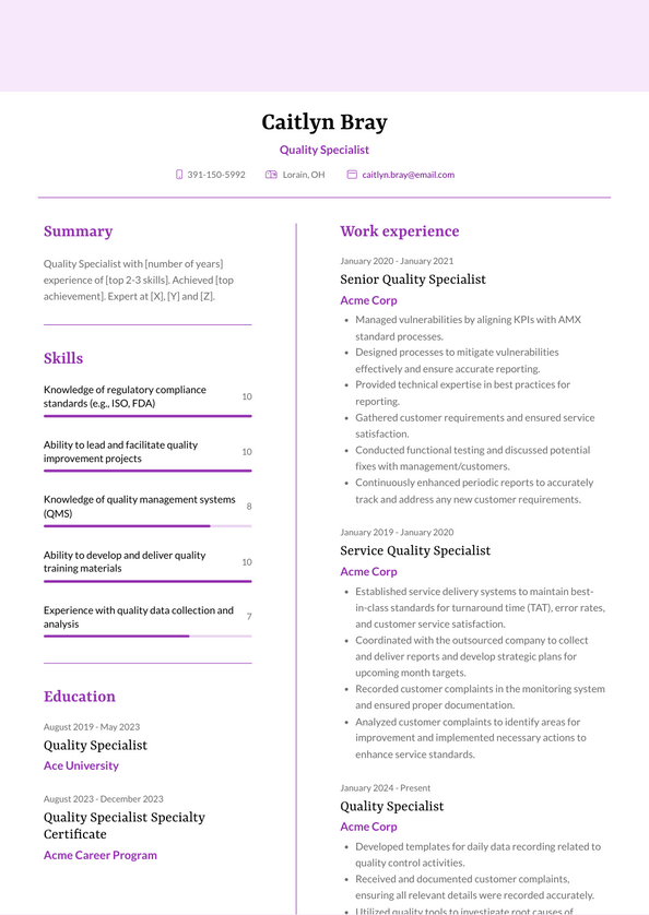 Quality Specialist Resume Examples and Templates