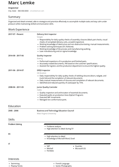 Inspector Resume Samples and Templates | VisualCV