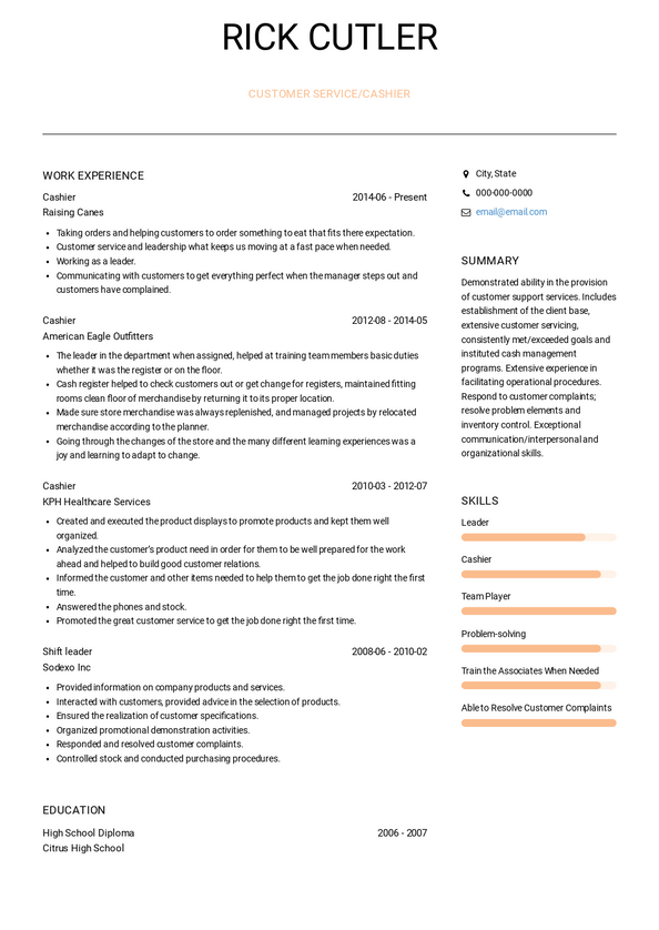 Cashier Resume Samples and Templates | VisualCV