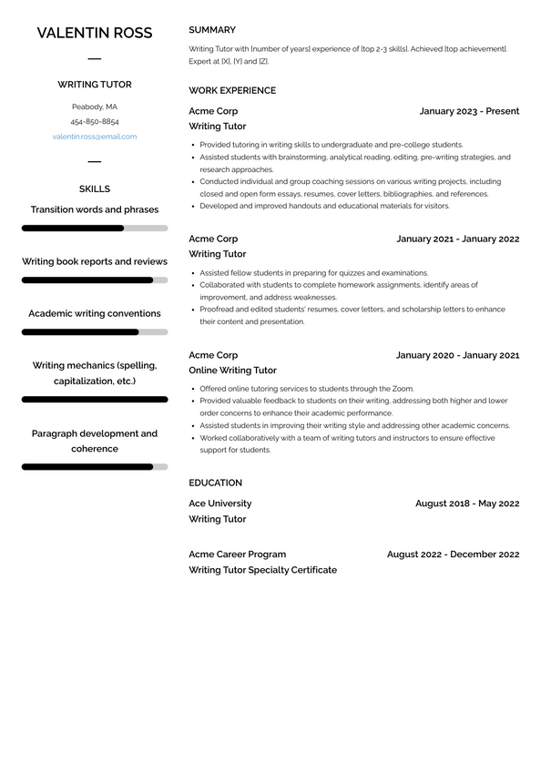 Writing Tutor Resume Examples and Templates