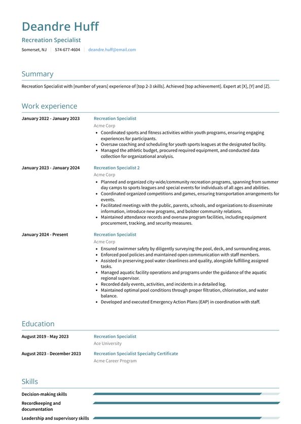 Recreation Specialist Resume Examples and Templates