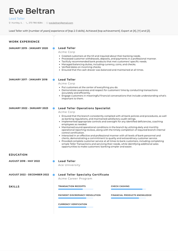 Lead Teller Resume Examples and Templates