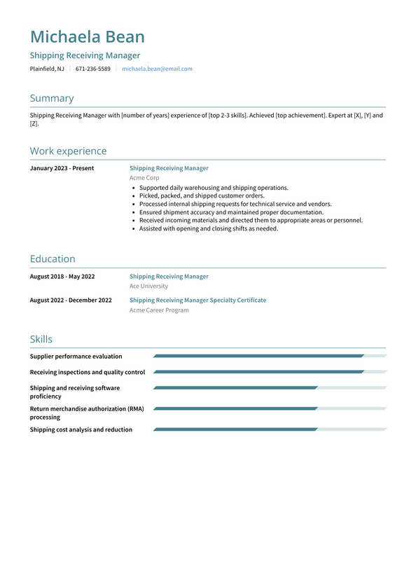 Shipping Receiving Manager Resume Examples And Templates   Shipping Receiving Manager Resume Example Monaco 