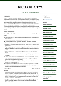 Tester, Software Specialist Resume Sample and Template