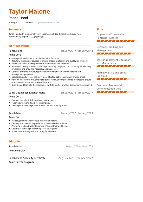 Ranch Hand Resume Examples and Templates