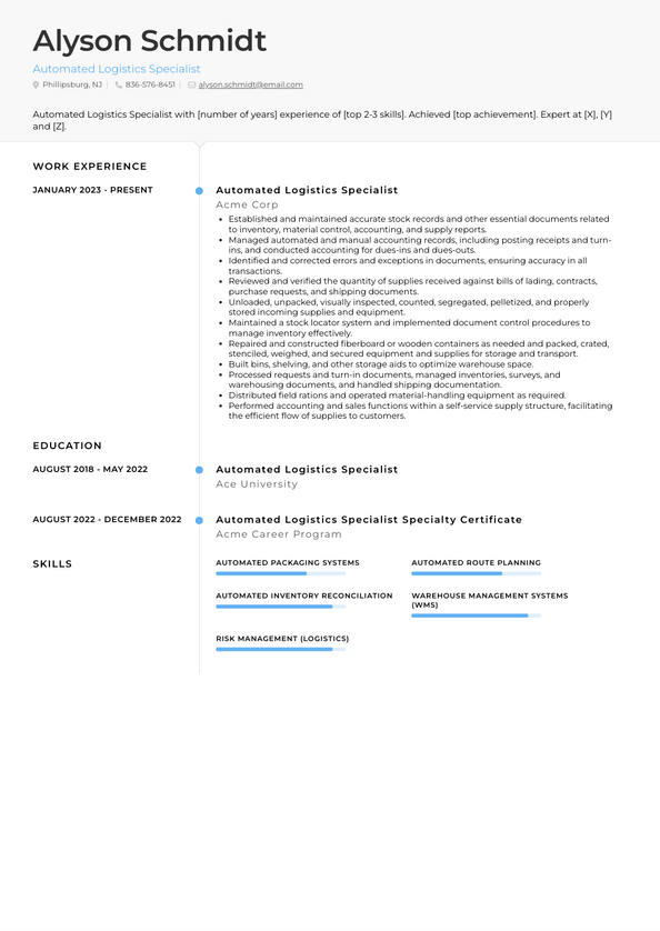 Automated Logistics Specialist Resume Examples and Templates