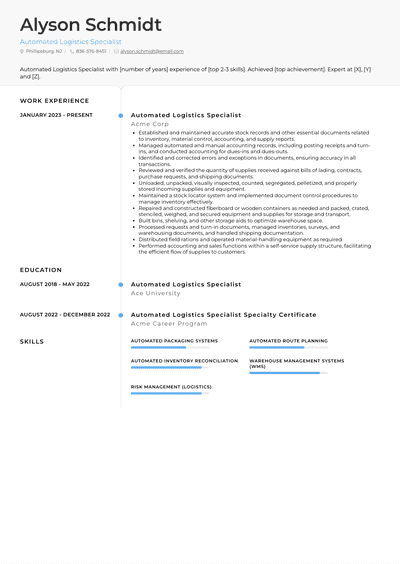 Automated Logistics Specialist Resume Examples and Templates