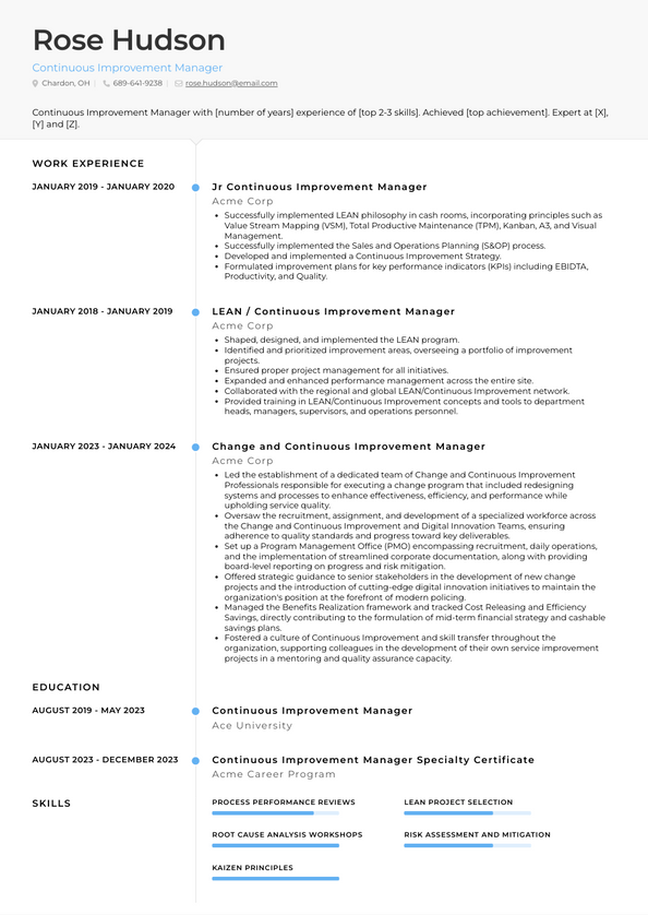 Continuous Improvement Manager Resume Examples and Templates