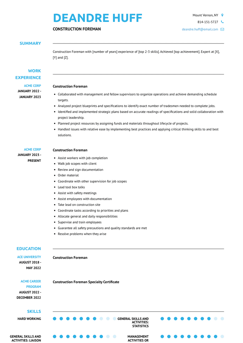 Construction Foreman Resume Examples And Templates