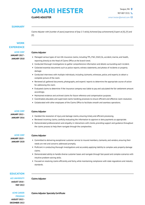 Claims Adjuster Resume Sample and Template