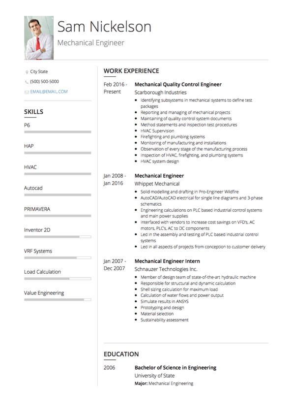 Mechanical Engineer CV Examples & Templates | VisualCV