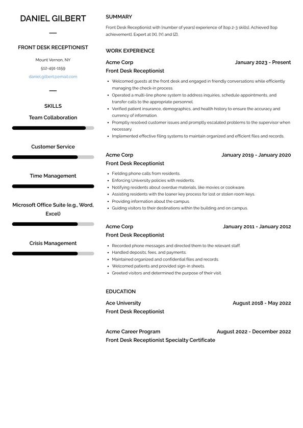 Front Desk Receptionist Resume Examples and Templates