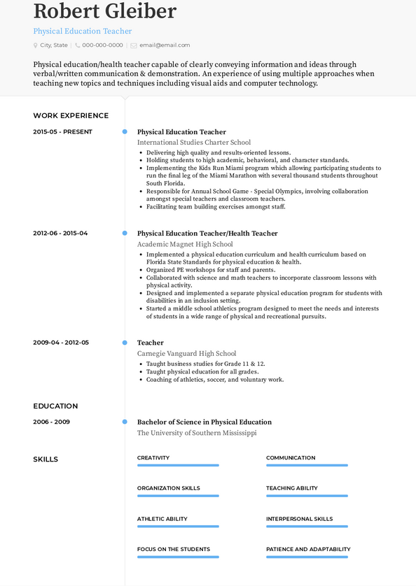 physical education teacher resume objective examples