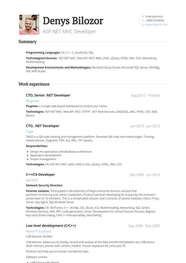 resume sample for .net developer