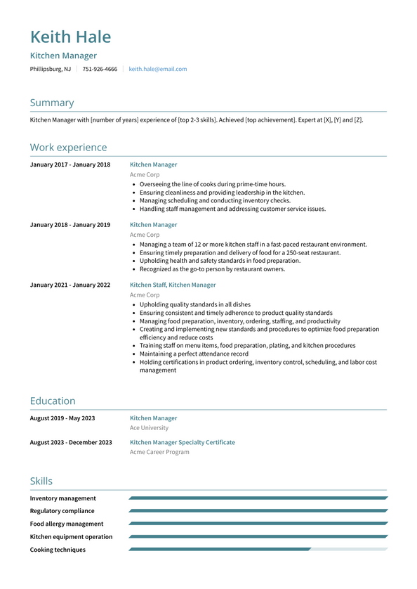 Kitchen Manager Resume Examples and Templates