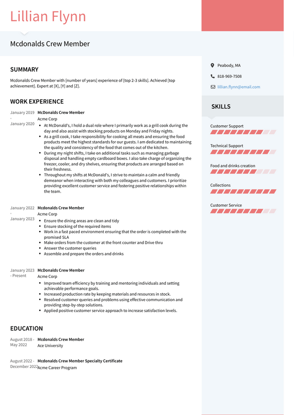 Mcdonalds Crew Member Resume Examples and Templates