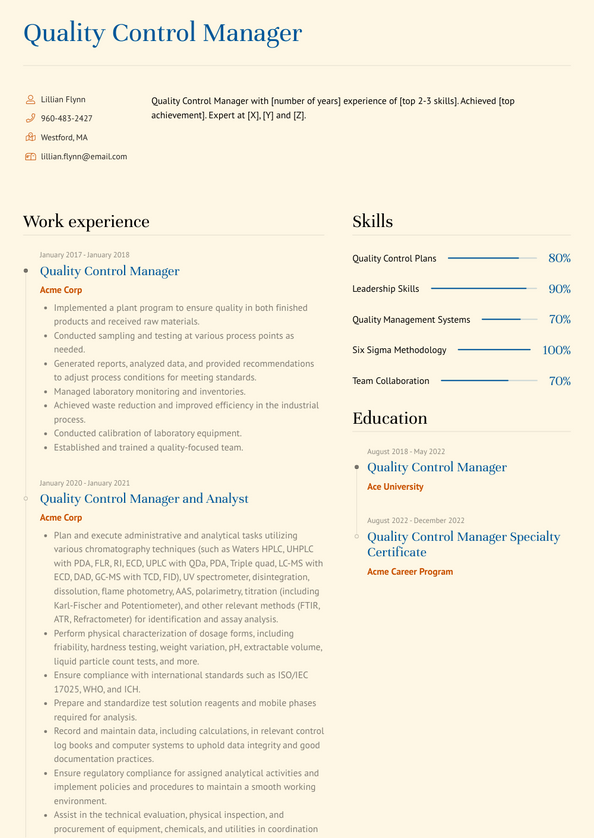 Quality Control Manager Resume Examples and Templates