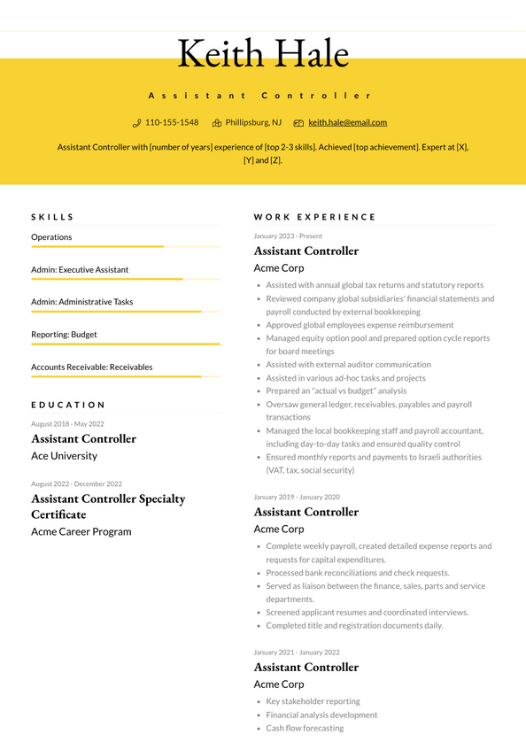 Assistant Controller Resume Examples and Templates