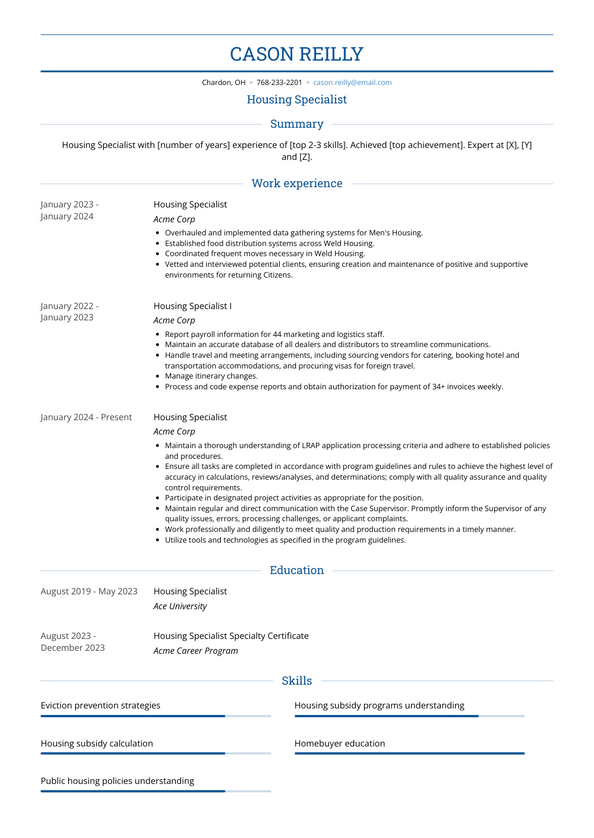 Housing Specialist Resume Examples and Templates