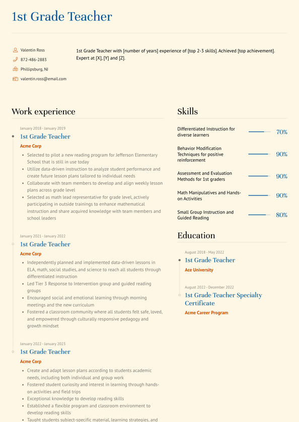 1st Grade Teacher Resume Examples and Templates