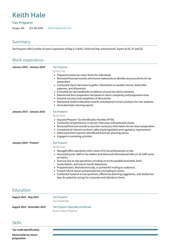 Tax Preparer Resume Examples and Templates