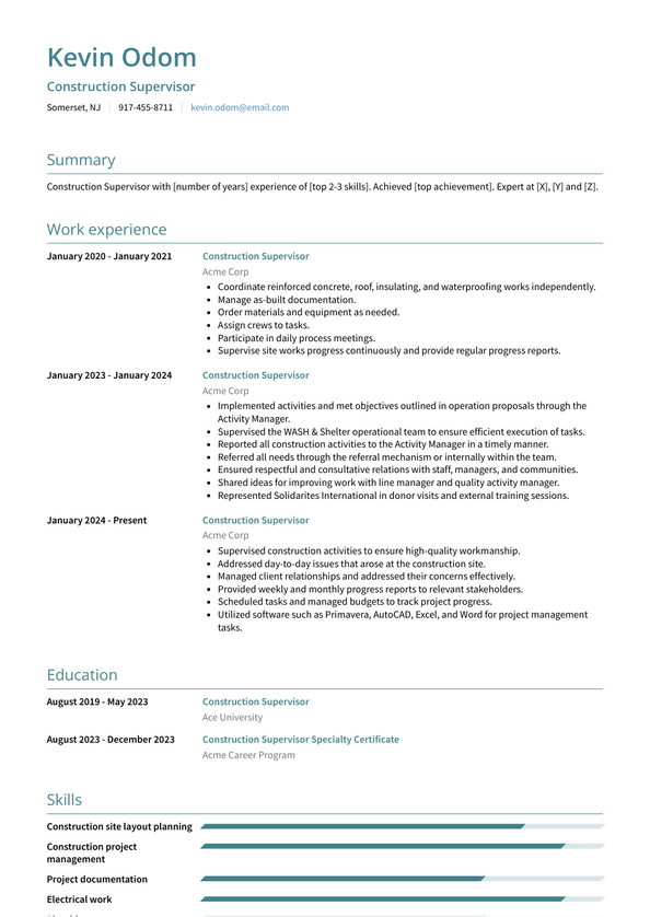 Construction Supervisor Resume Examples and Templates