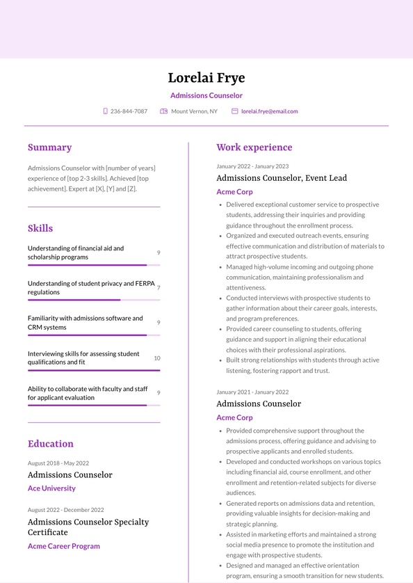 3 Admissions Counselor Resume Examples And Templates   Admissions Counselor Resume Example Rosa 