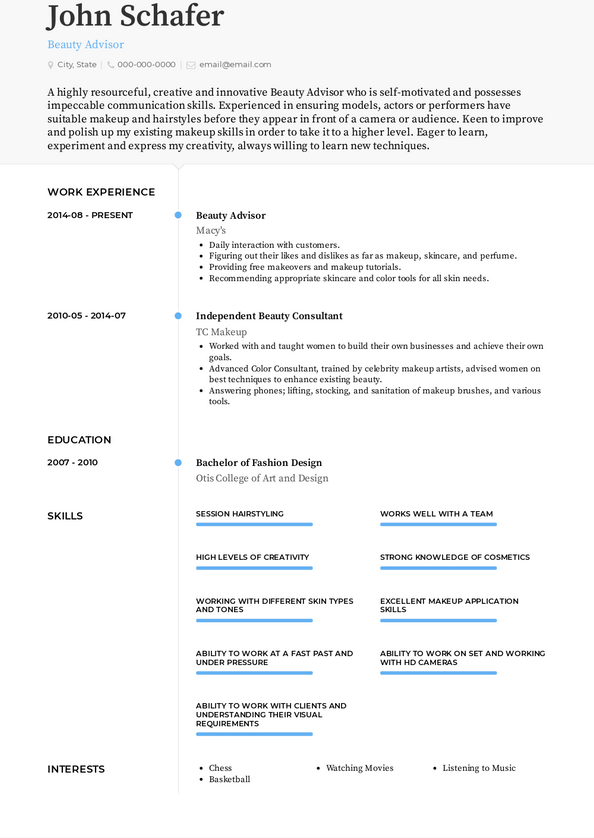 Beauty Advisor Resume Samples and Templates | VisualCV