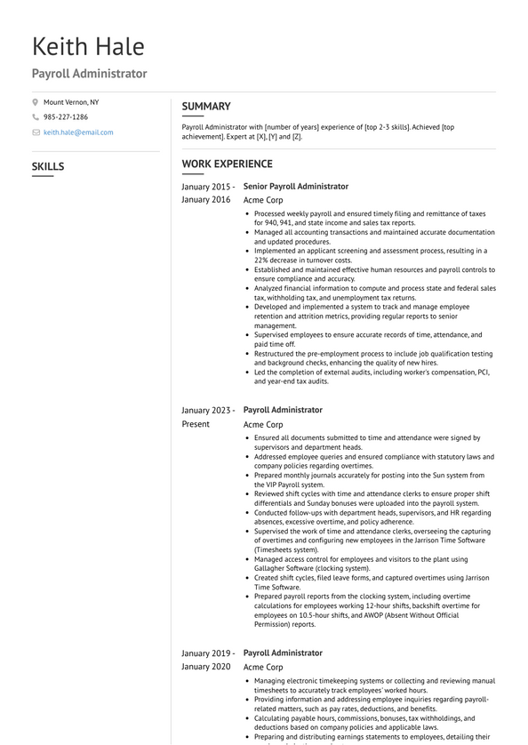 3 Payroll Administrator Resume Examples And Templates   Payroll Administrator Resume Example Corporate 