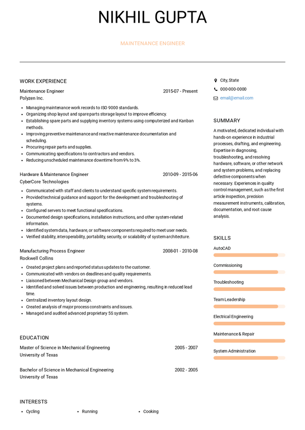 Maintenance Engineer Resume Samples and Templates | VisualCV