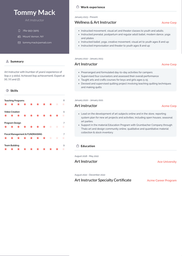3+ Art Instructor Resume Examples and Templates