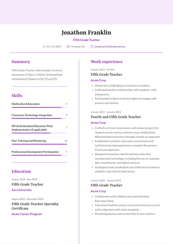 Fifth Grade Teacher Resume Examples and Templates