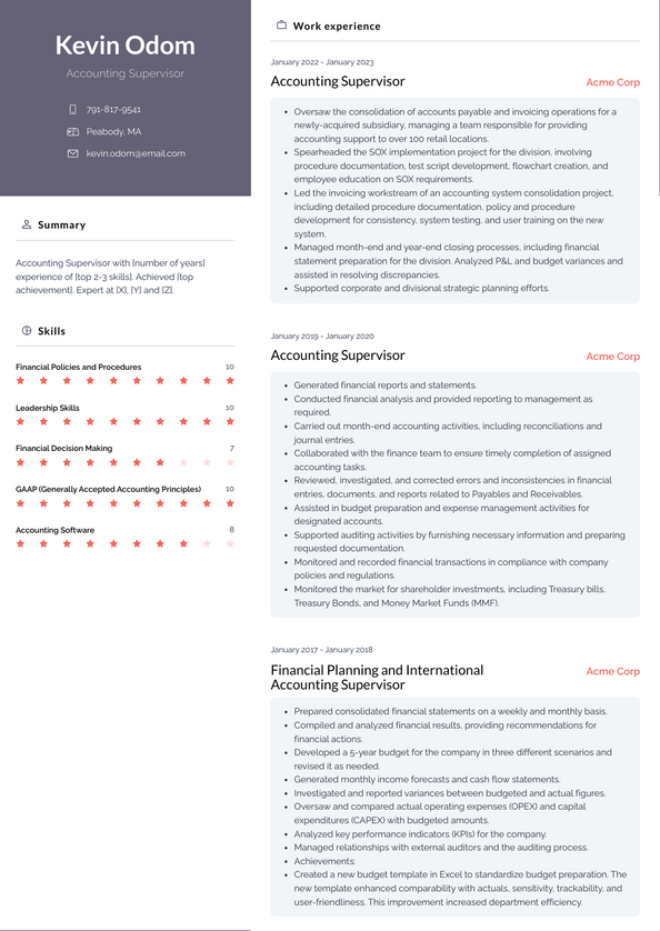 Accounting Supervisor Resume Examples and Templates