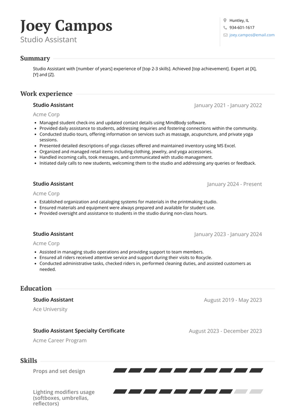 Studio Assistant Resume Examples and Templates