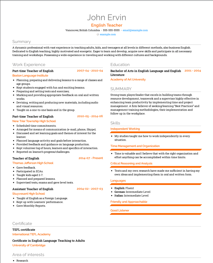 sample resume for teachers in canada