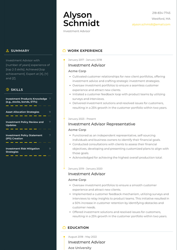 Investment Advisor Resume Examples and Templates