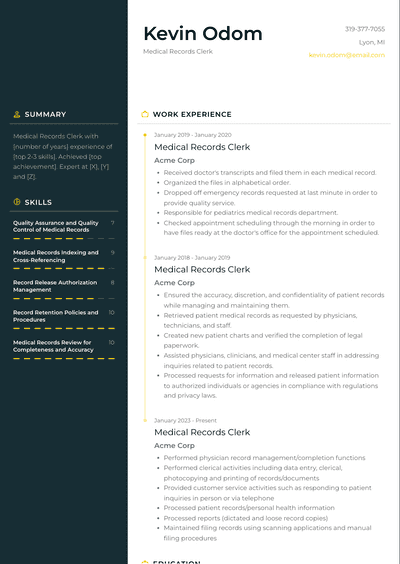 Medical Records Clerk Resume Examples and Templates