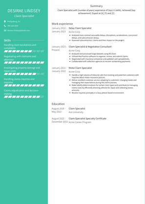 Claim Specialist Resume Sample and Template