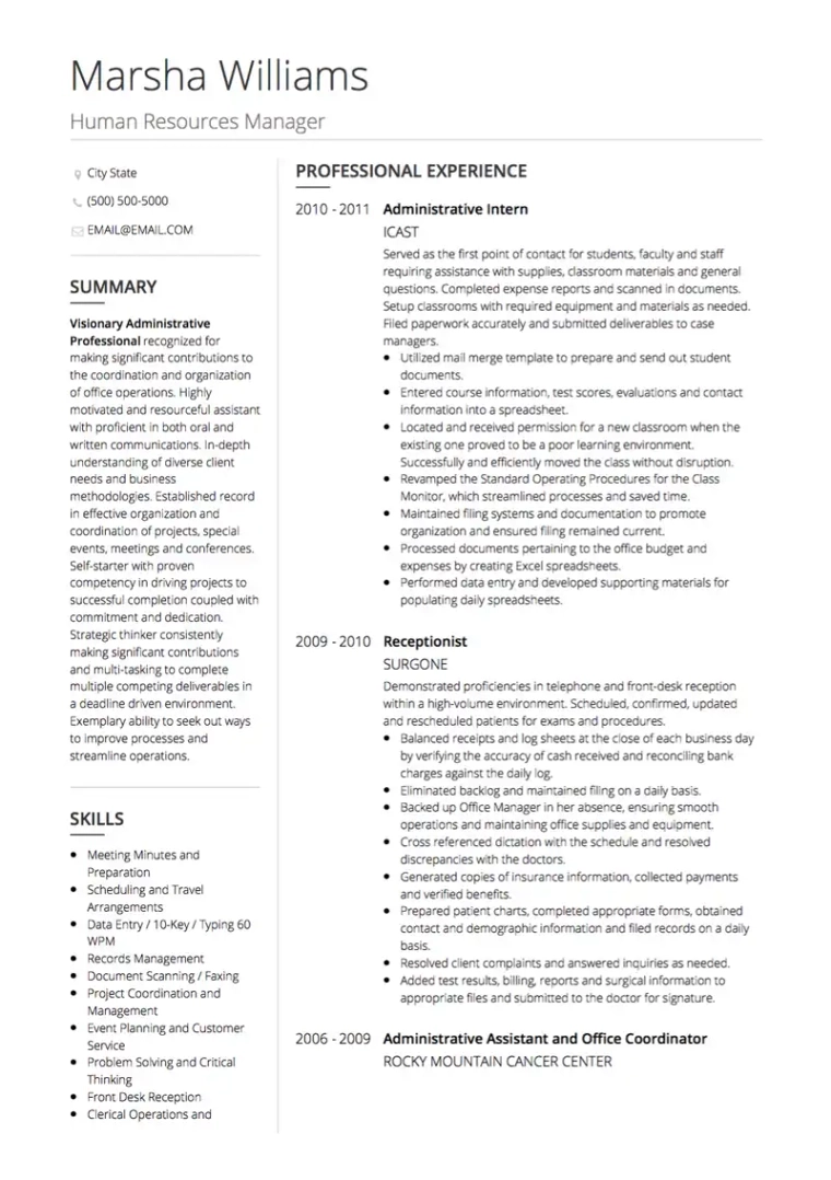 Administration resume template for 10 years of experience