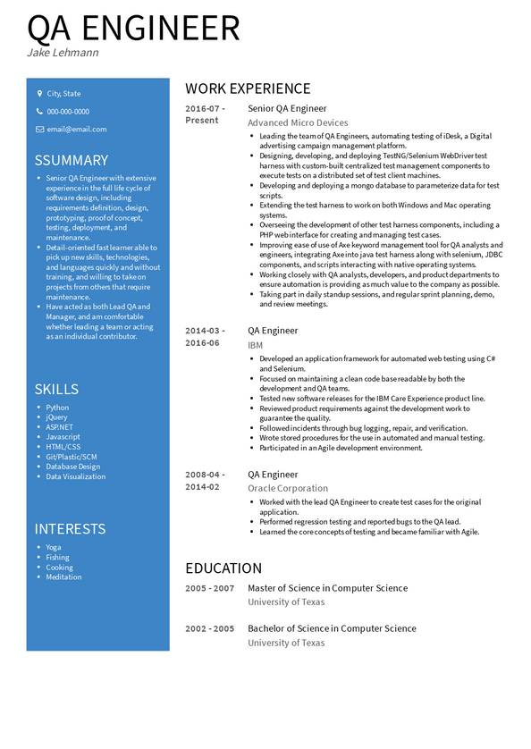 junior qa engineer resume