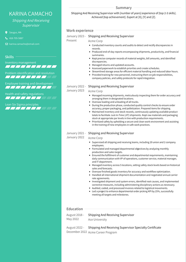 Shipping And Receiving Supervisor Resume Examples And Templates   Shipping And Receiving Supervisor Resume Example Avant 