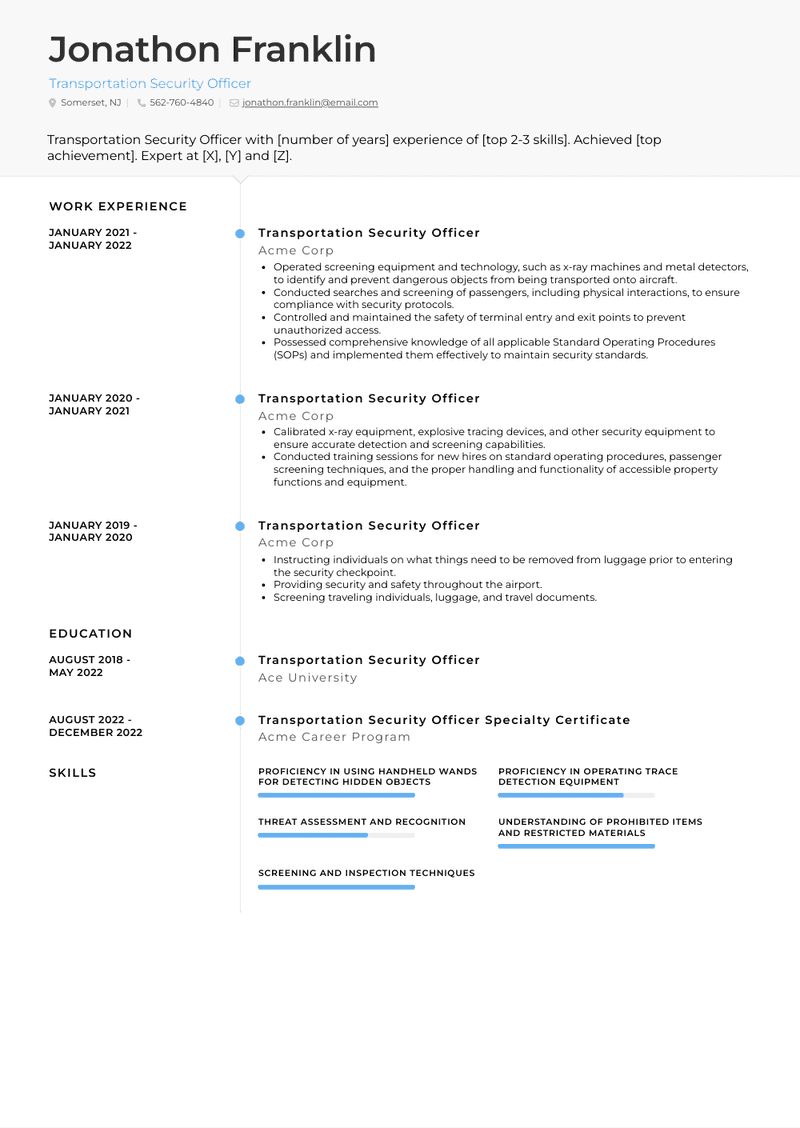Transportation Security Officer Resume Sample and Template