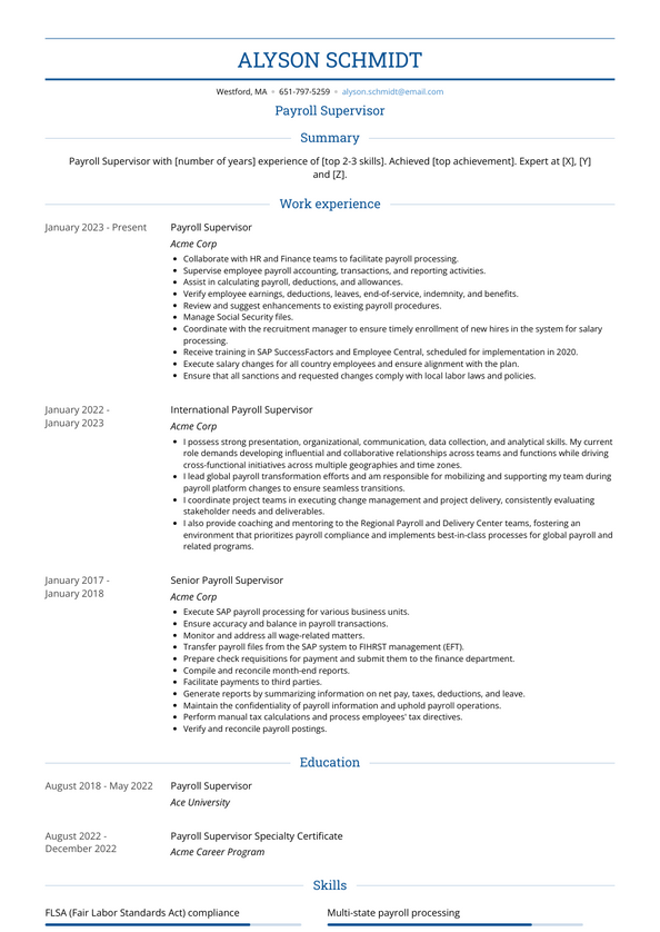 Payroll Supervisor Resume Examples and Templates