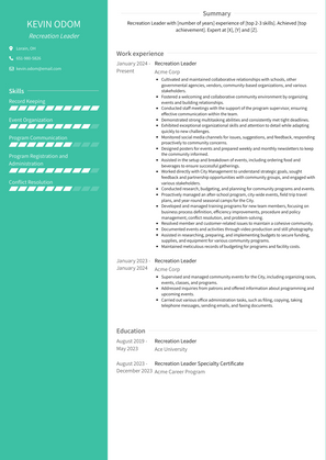 Recreation Leader Resume Sample and Template