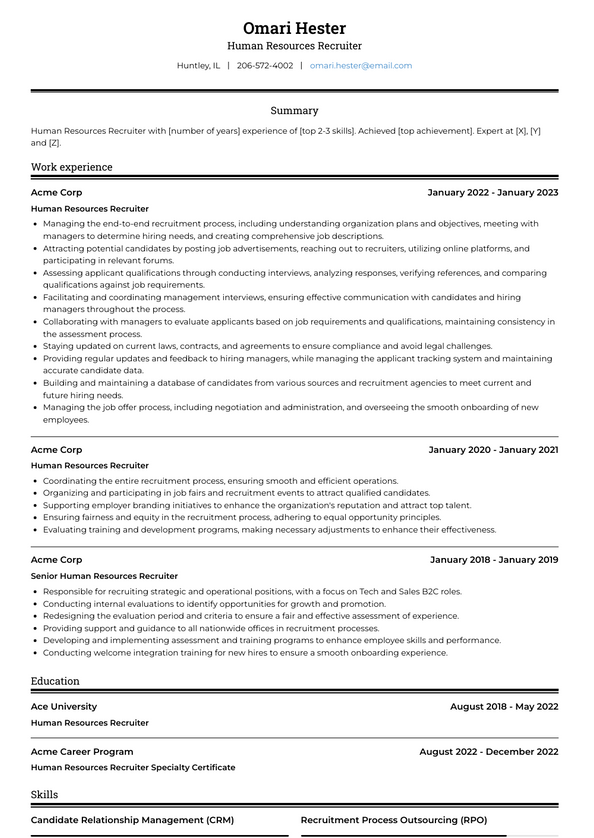 Human Resources Recruiter Resume Examples and Templates