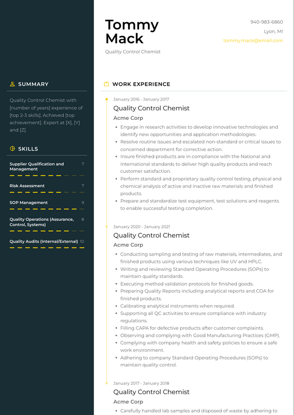 Quality Control Chemist Resume Examples and Templates