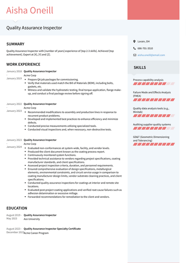 Quality Assurance Inspector Resume Examples and Templates