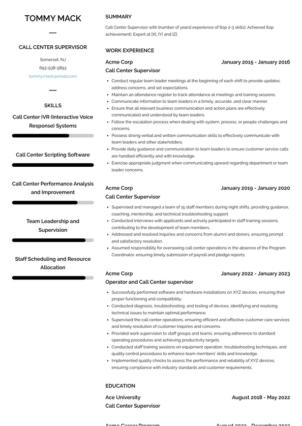 Call Center Supervisor Resume Examples and Templates