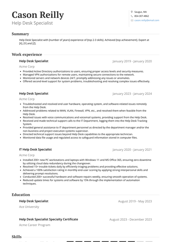 Help Desk Specialist Resume Examples and Templates