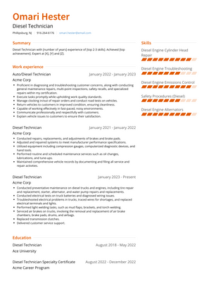 Diesel Technician Resume Sample and Template